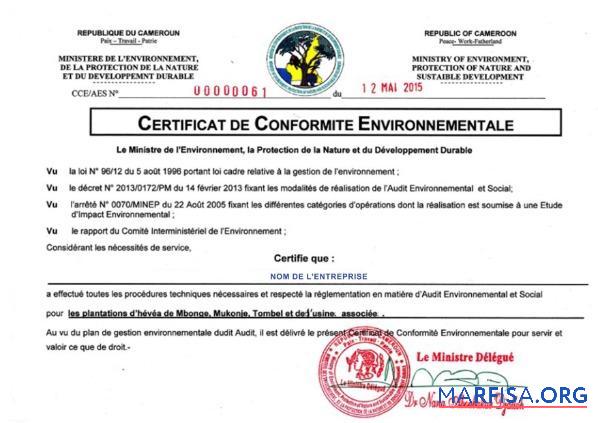 Blank Cameroon Certificate of Registration example